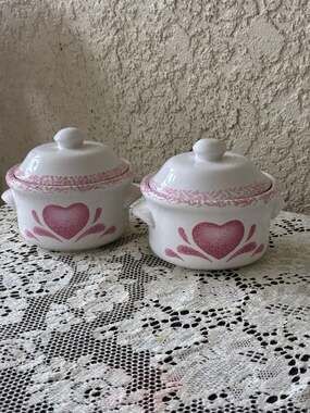 Set of 2 Vintage Pink Heart Ceramic Lidded Soup Crocks
